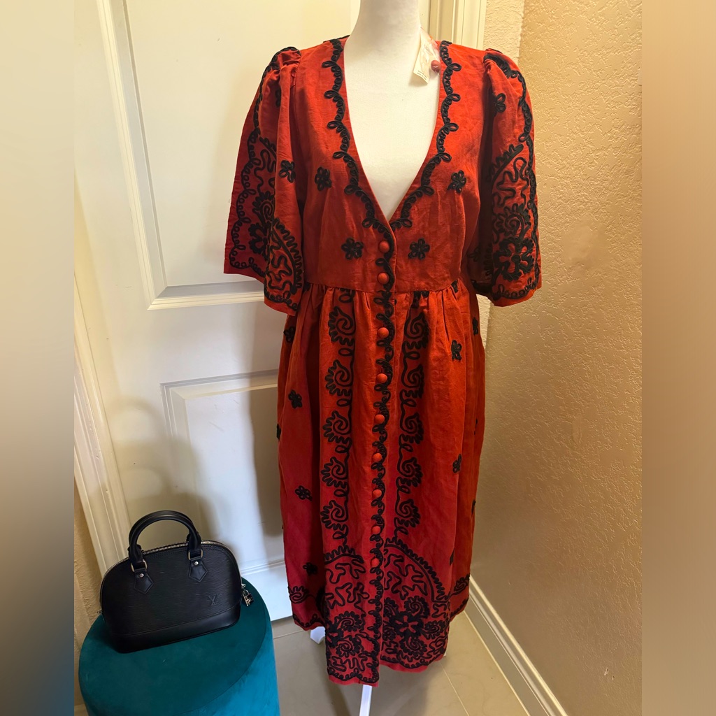 Anthropologie Rhode V Neck Button Embroidered Dress L Nwt